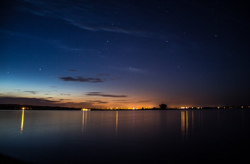 Night Sky over Lake — Blue, Serene, Photograph, Stars, Lights