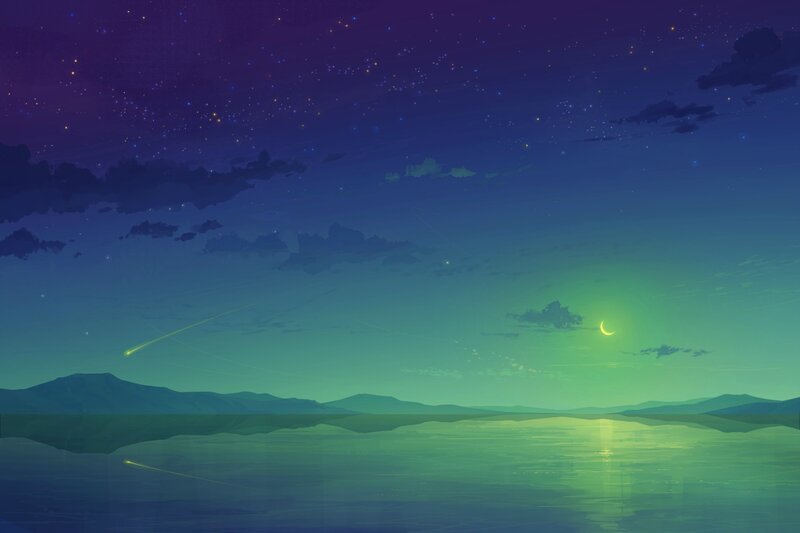 Night Sky over Lake — Green, Serene, Digital Art