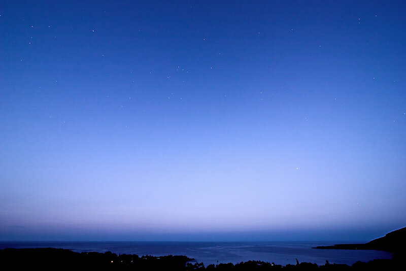 Night Sky over Ocean — Blue, Serene, Photograph, Stars, Silhouette