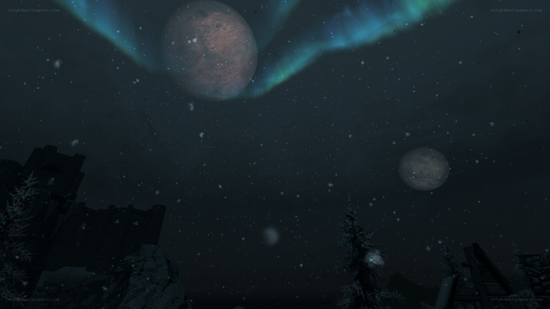Night sky with aurora and moons