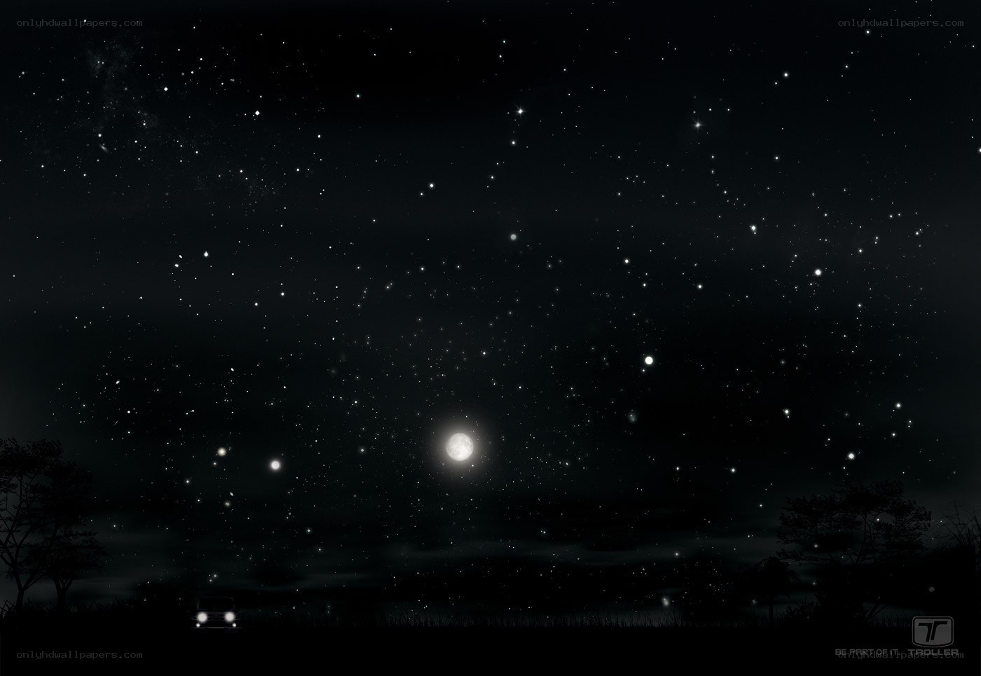Night sky with car and moon