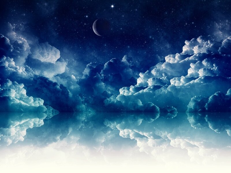 Night Sky with Clouds — Blue, Serene, Digital Art, Moon
