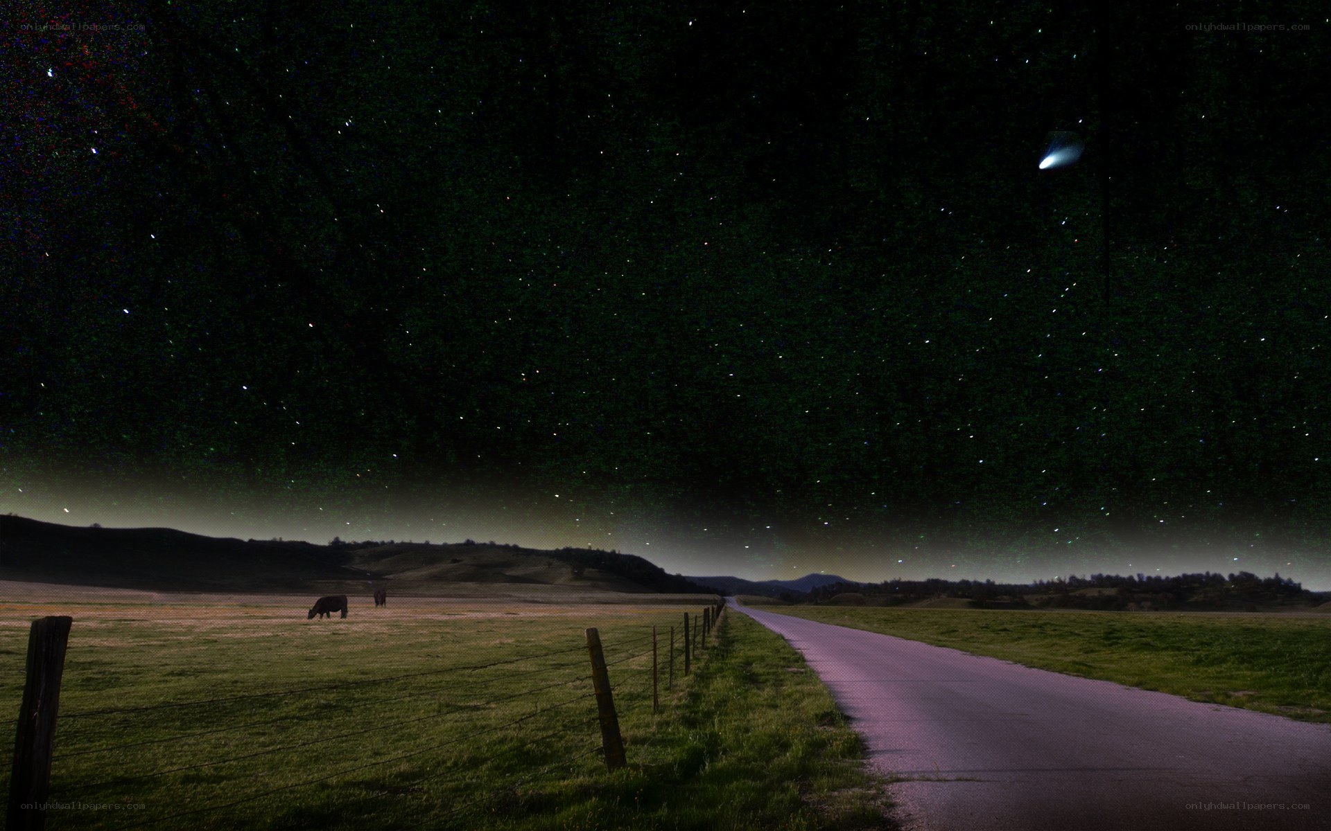 Night sky with comet and road