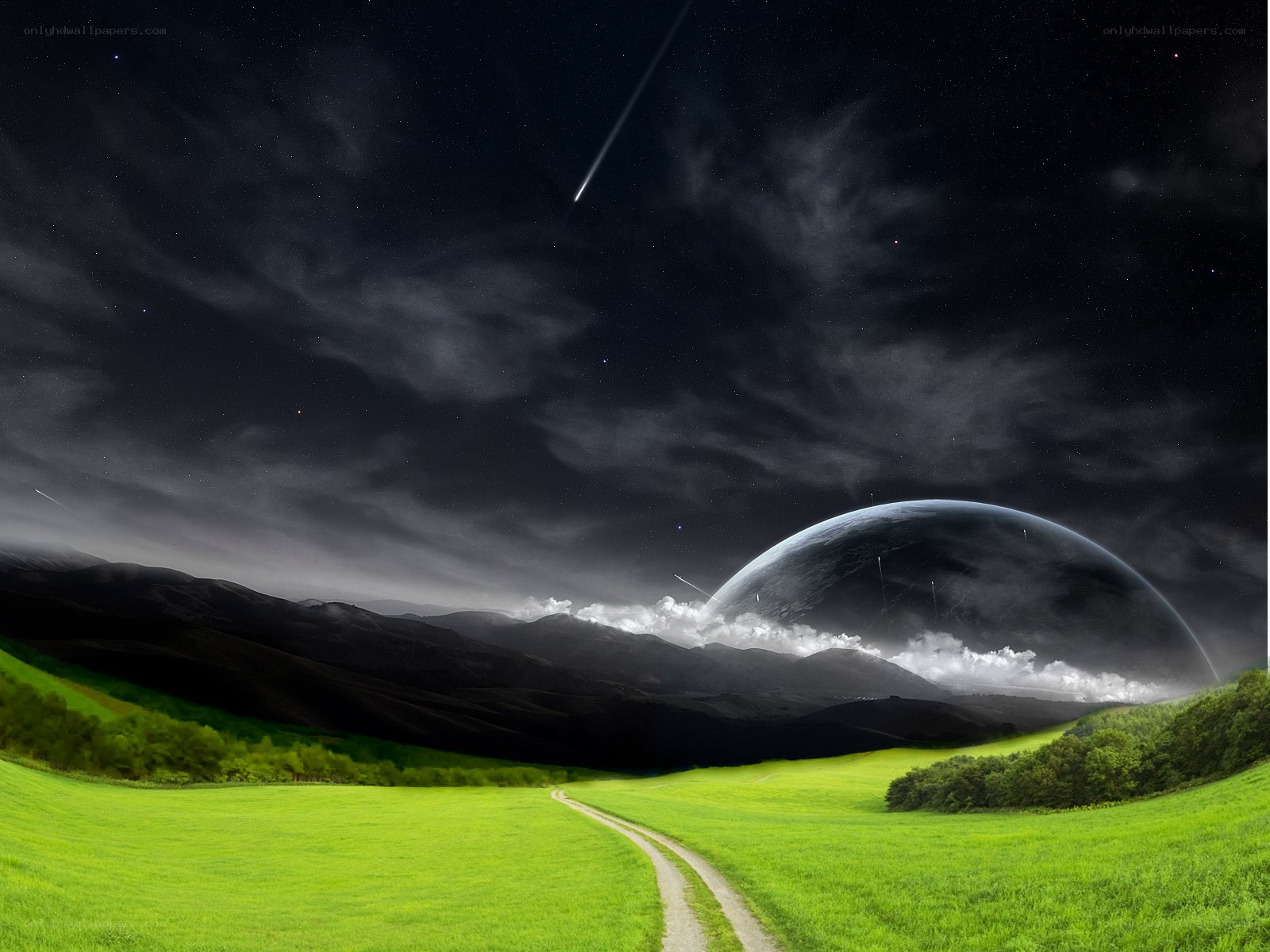 Night sky with meteor and planet