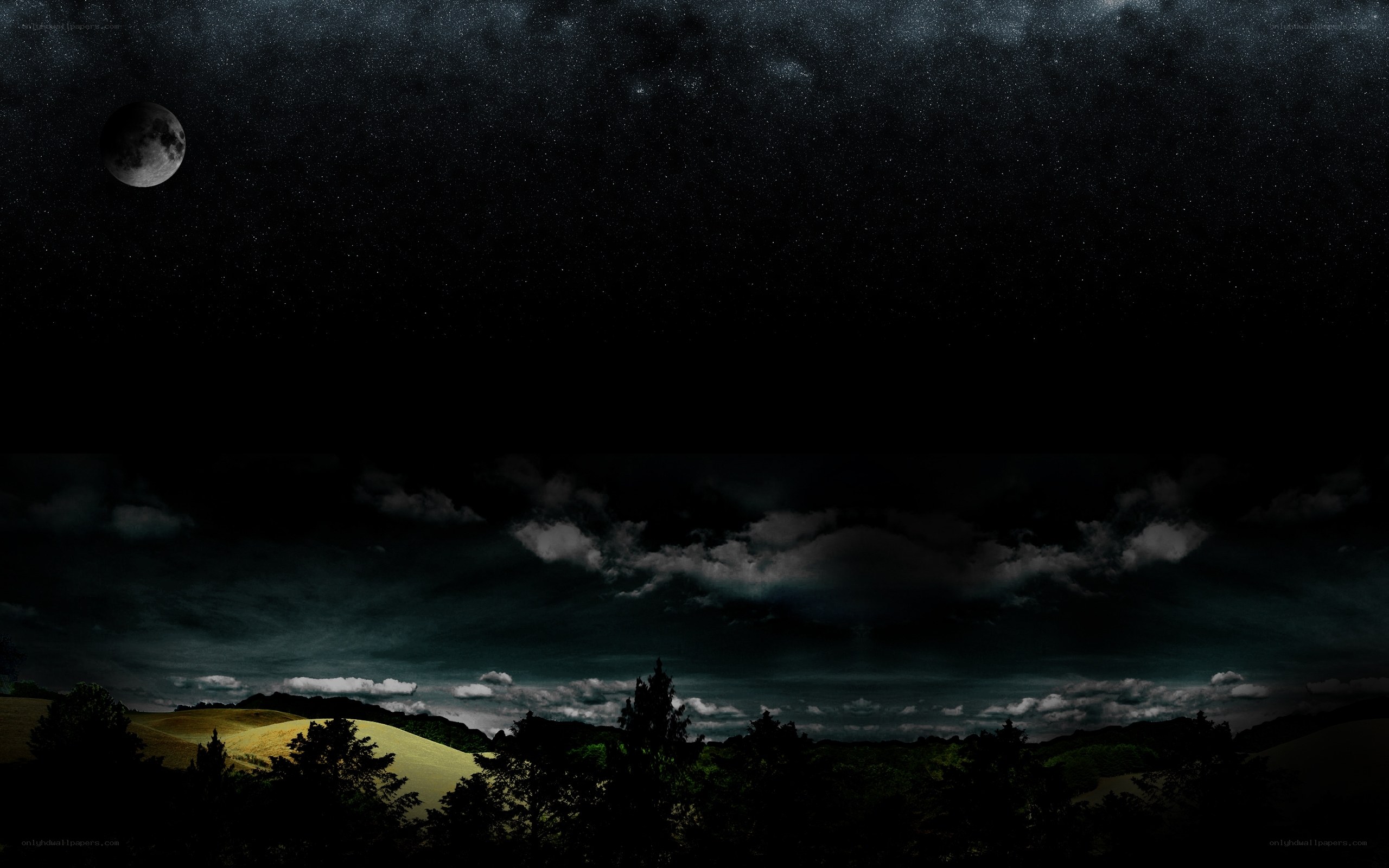 night sky with moon and hills