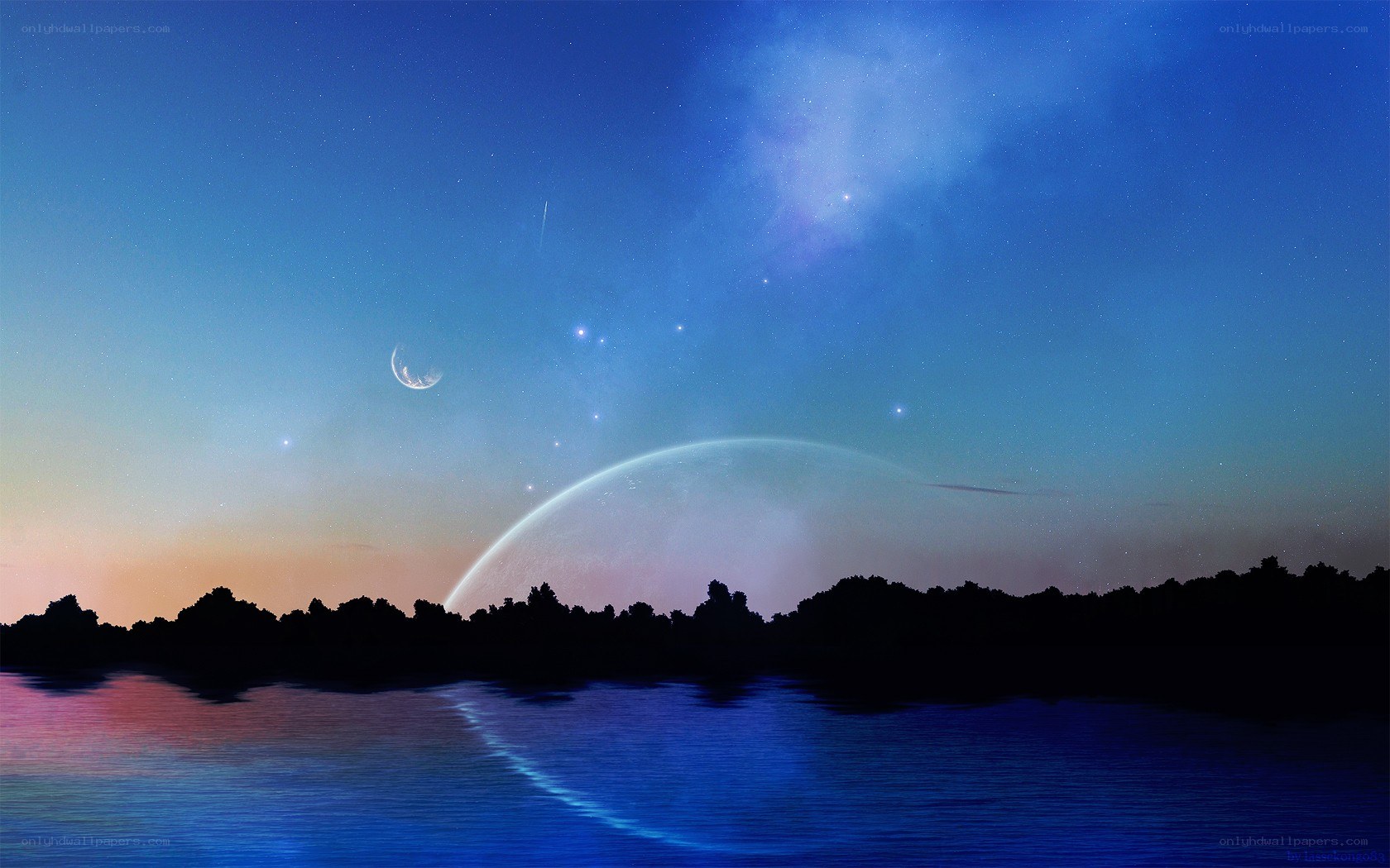 Night sky with planet and moon