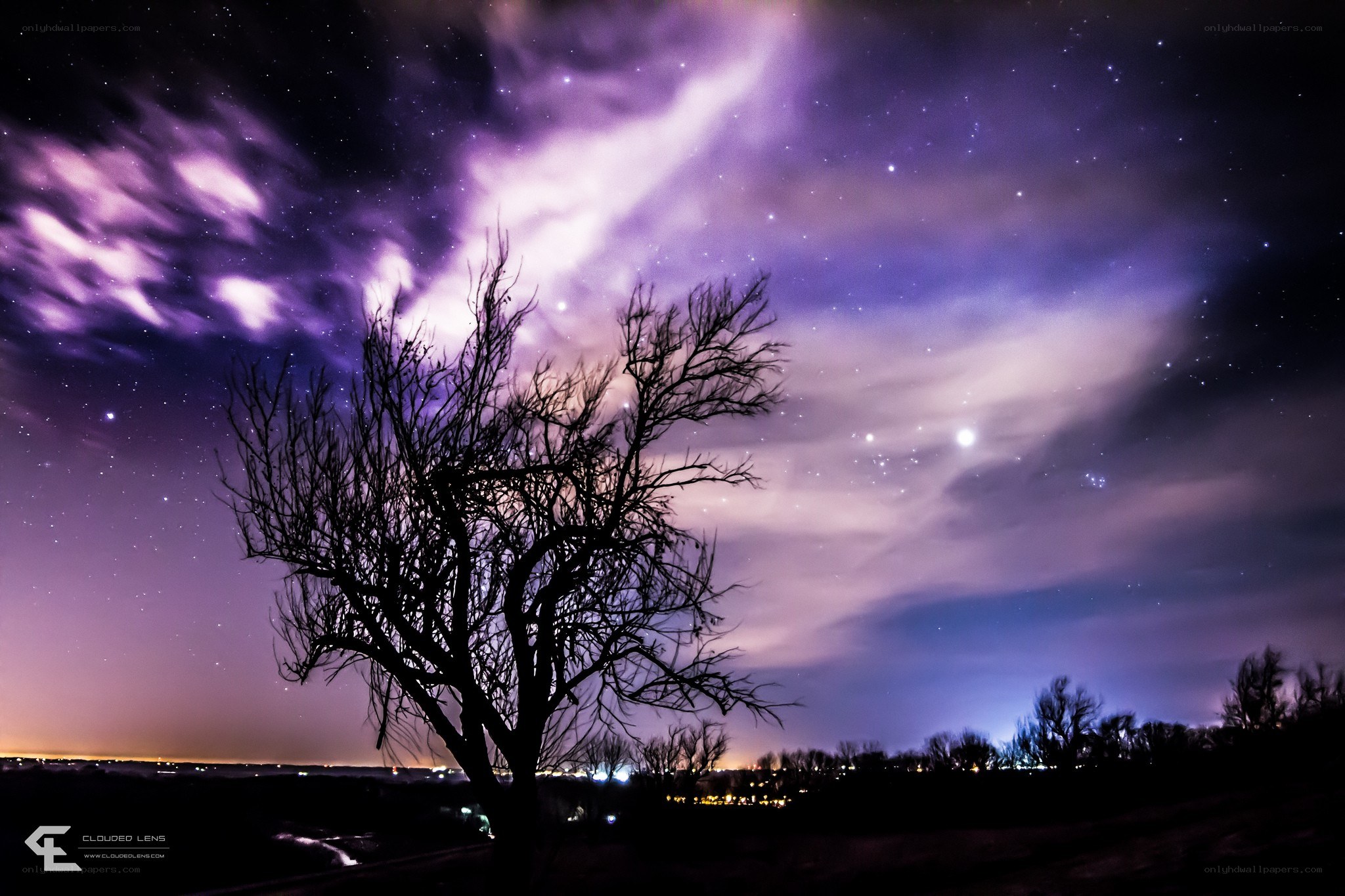 Night sky with purple clouds
