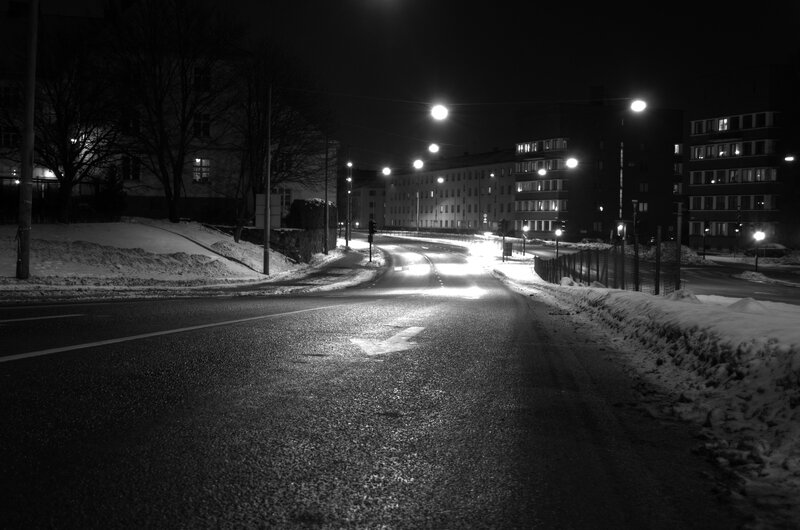 Night street in snowy city