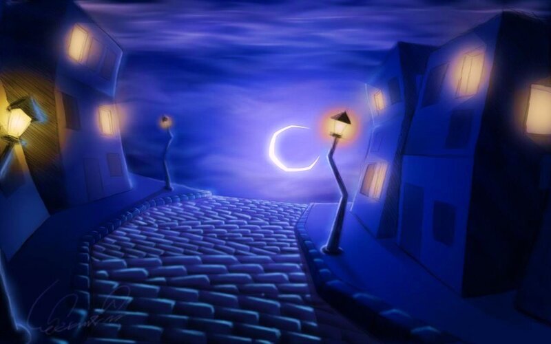 night street with crescent moon