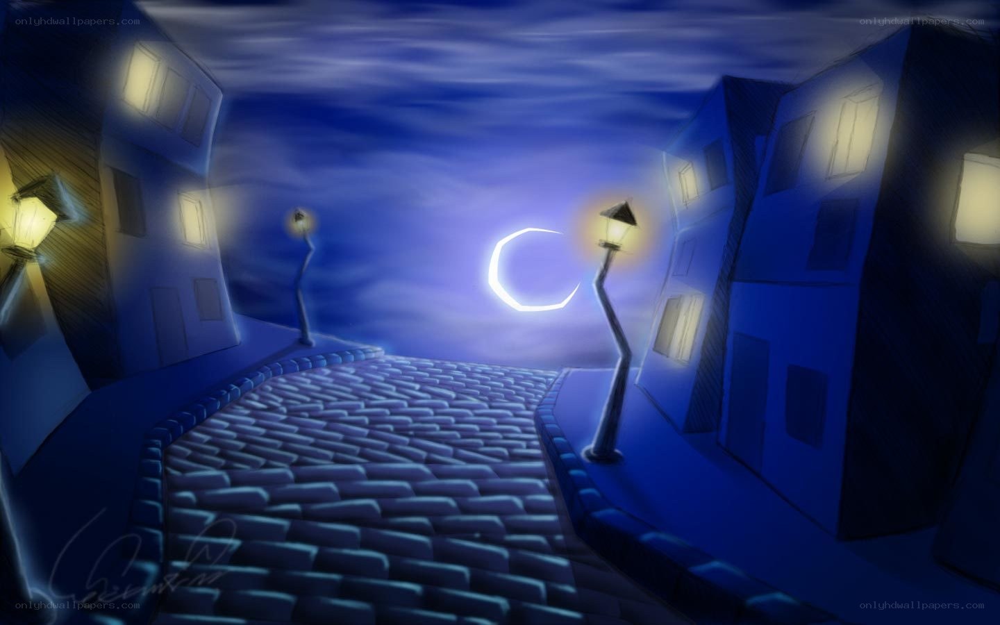 night street with crescent moon