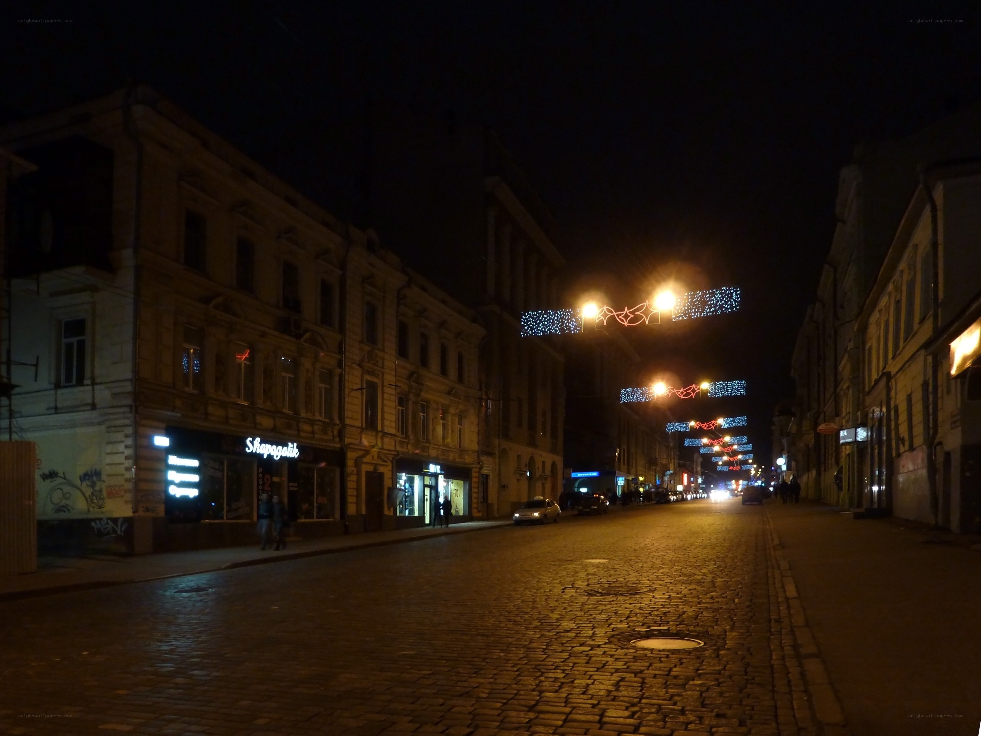 night street with holiday lights