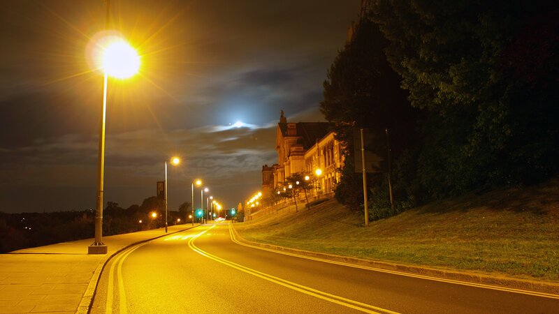 Night street with moon and lights