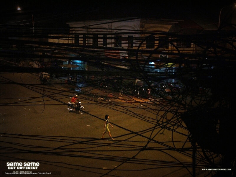 Night street with tangled wires