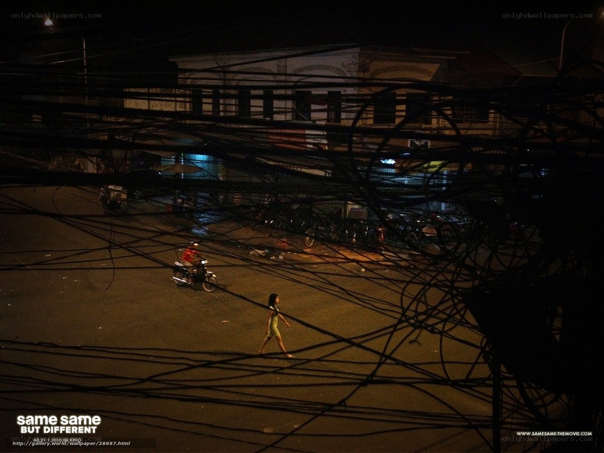 Night street with tangled wires