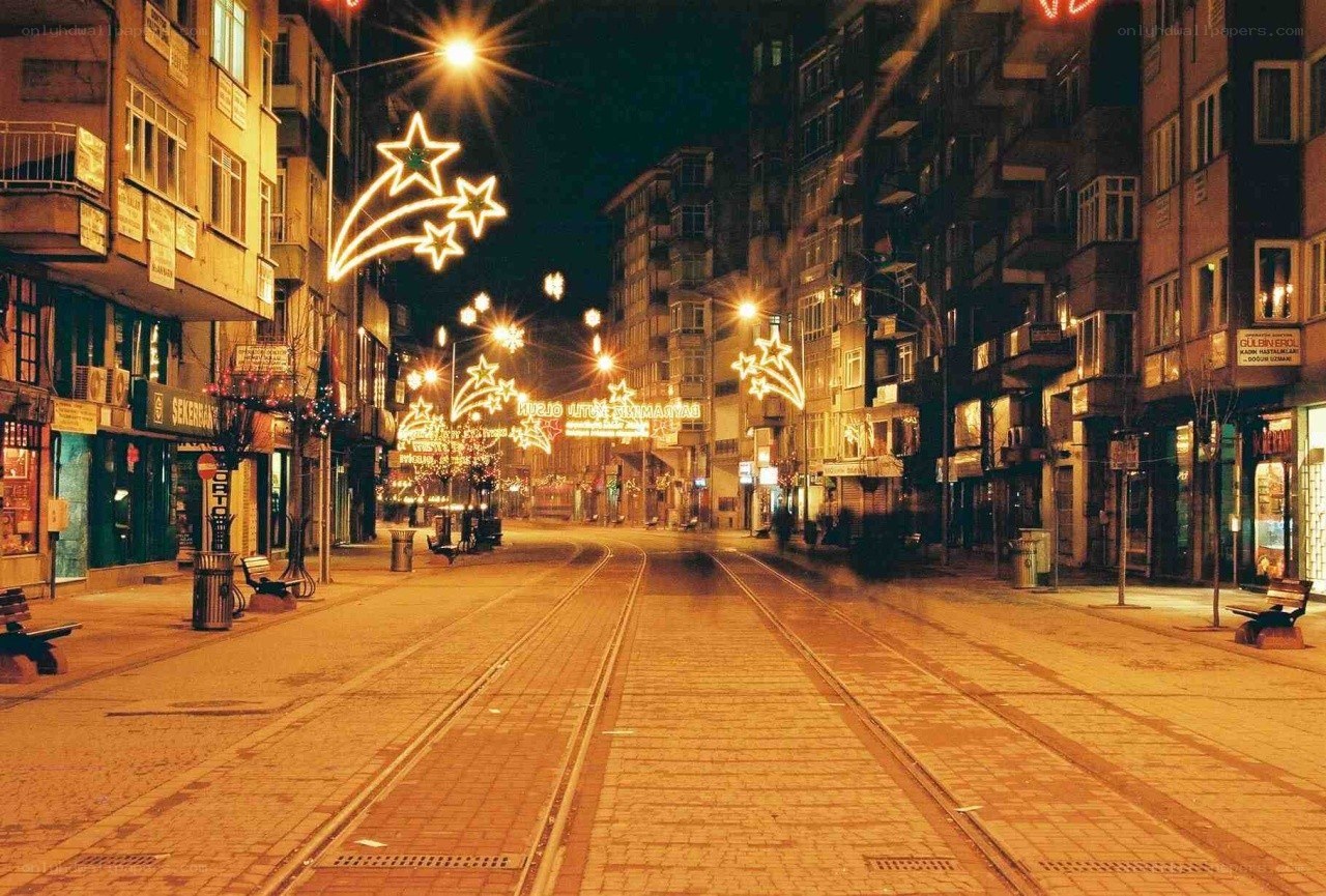 Night street with tram tracks