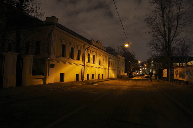 night street with yellow building