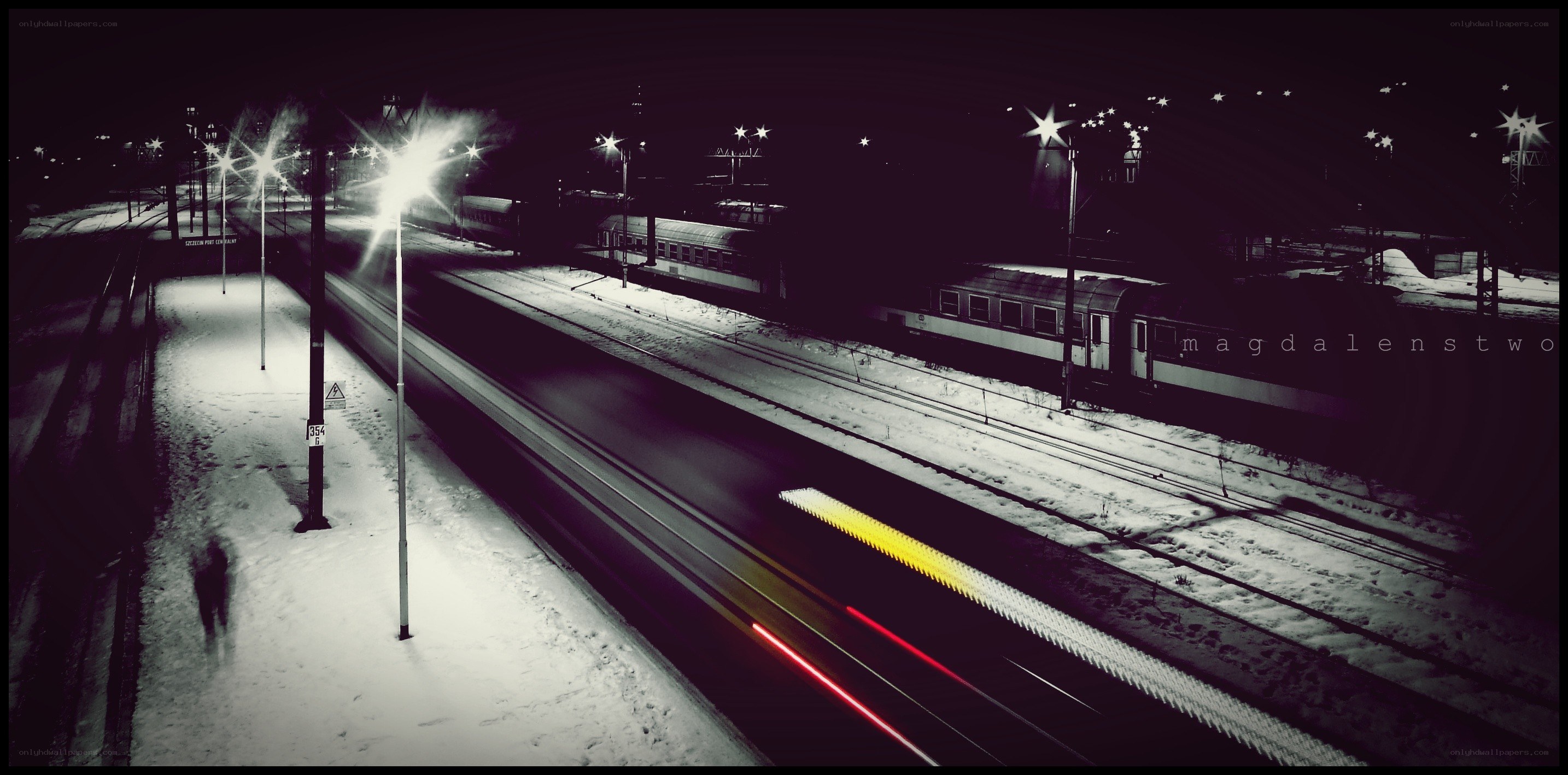 Night train at snowy station