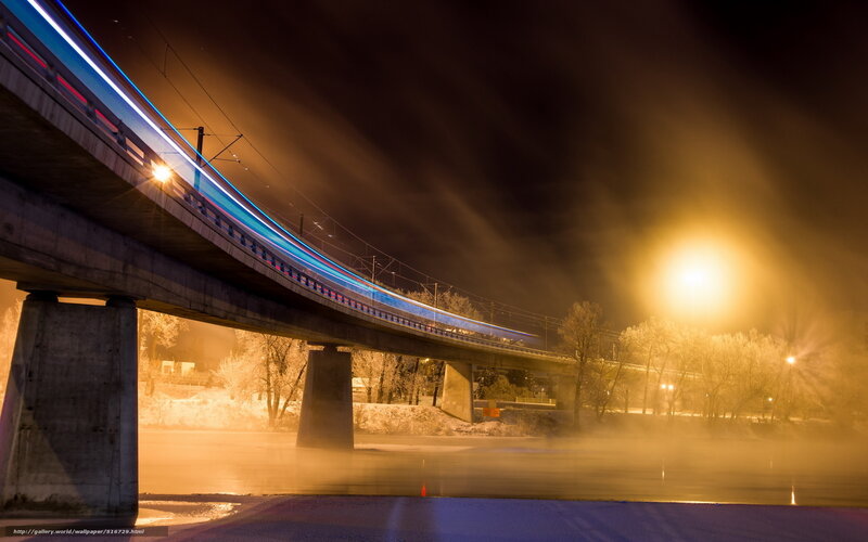 Night train on a bridge