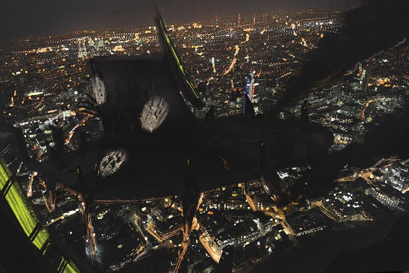 Night view from a flying aircraft
