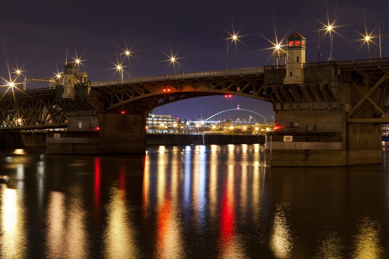 Night view of a bridge over water