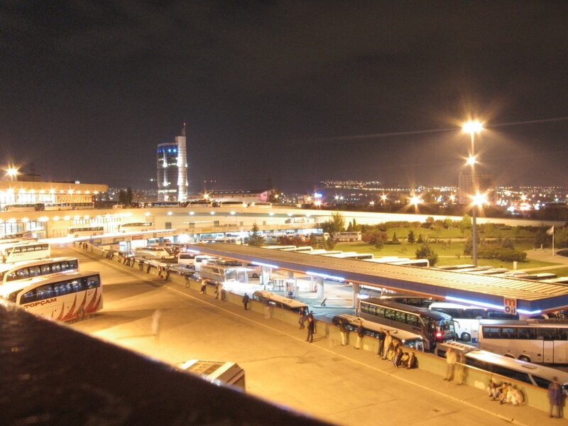 Night view of a bus station
