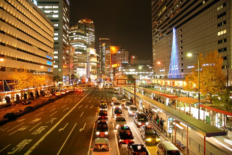 Night view of a busy city street