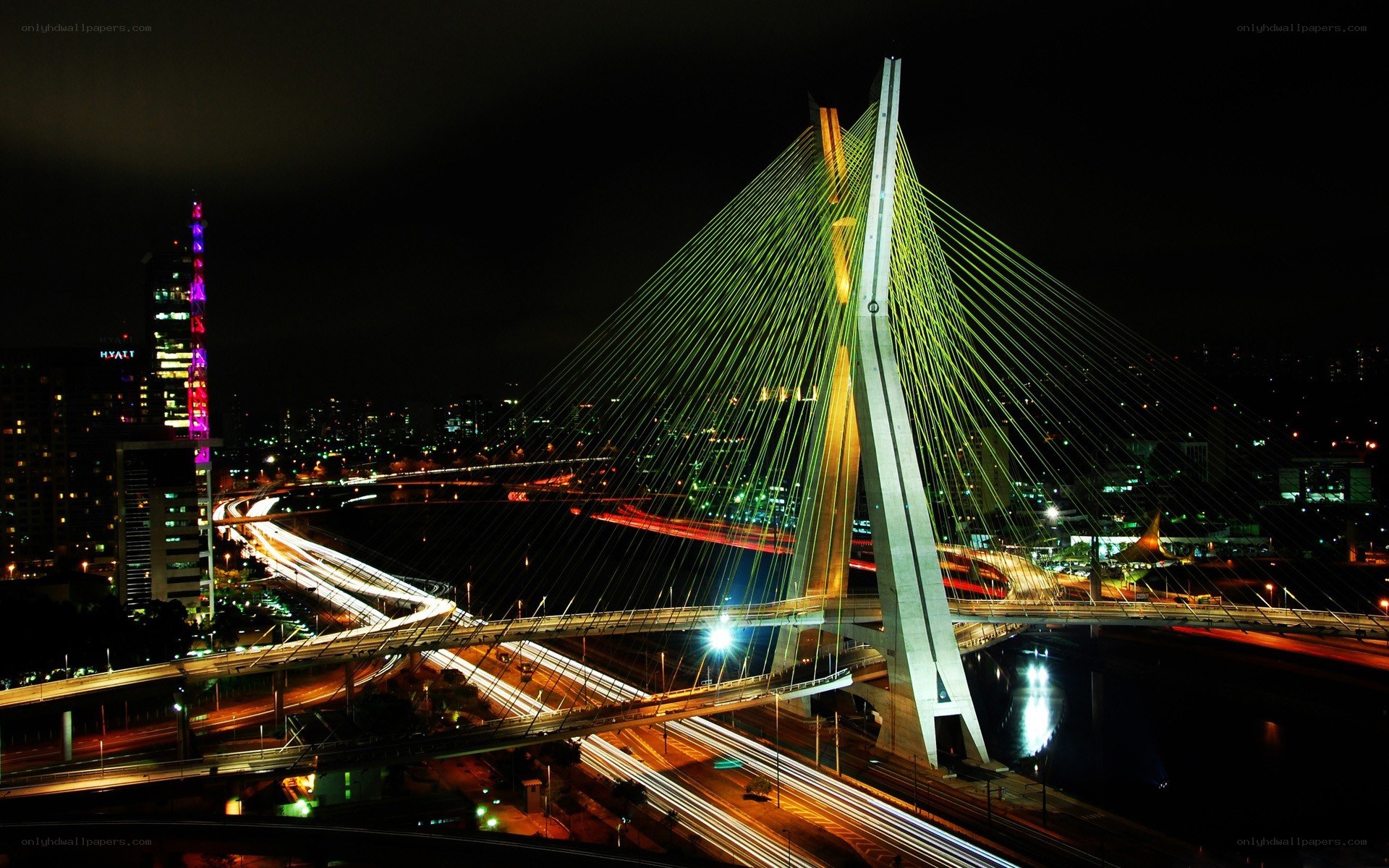 Night view of a cable-stayed bridge