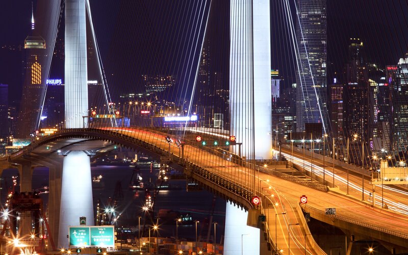 Night view of a cable-stayed bridge