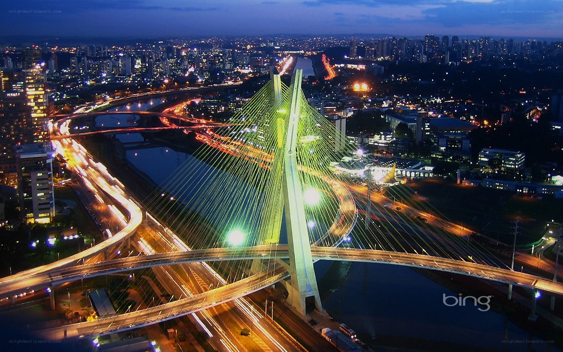 Night view of a cable-stayed bridge