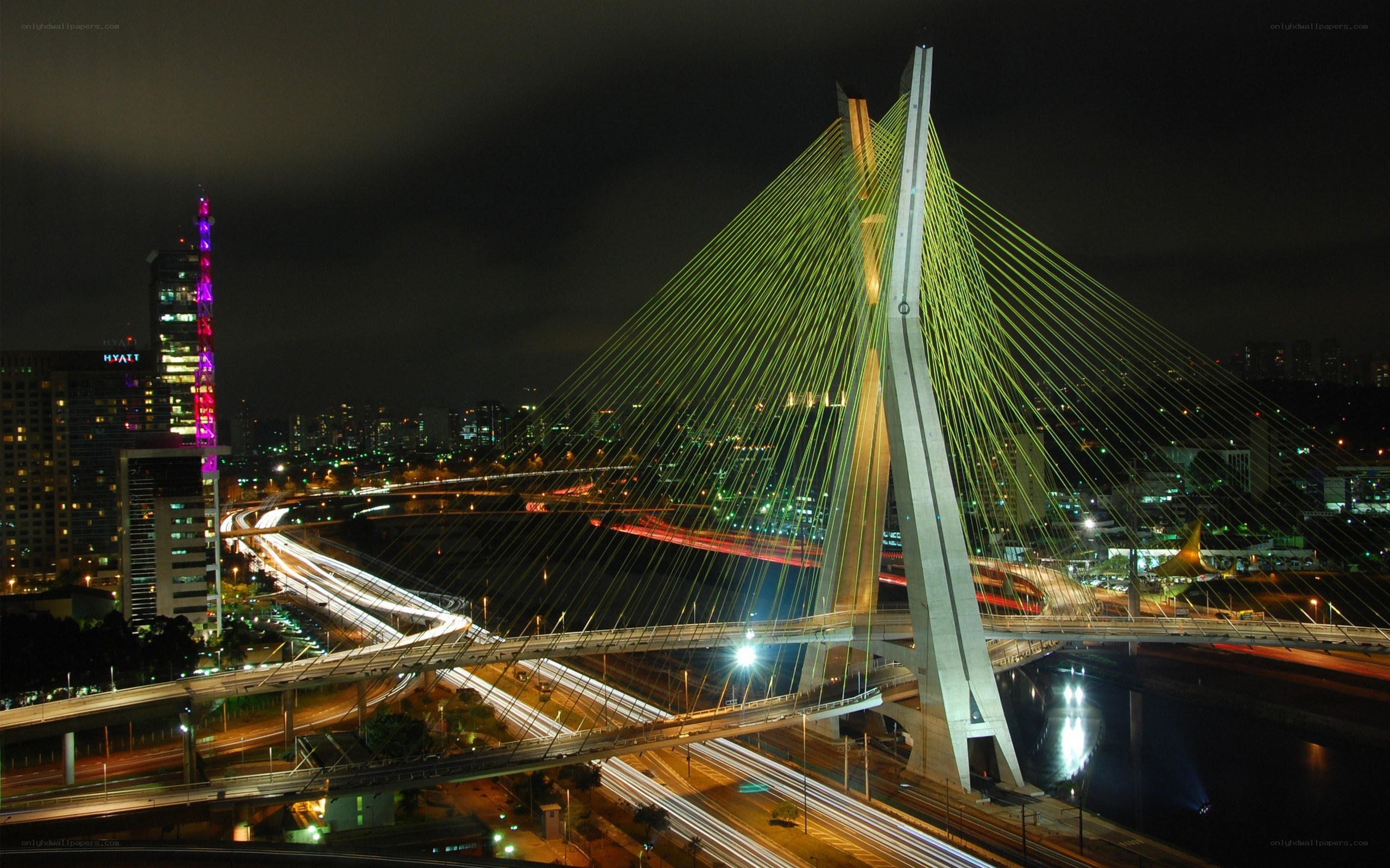 Night view of a cable-stayed bridge