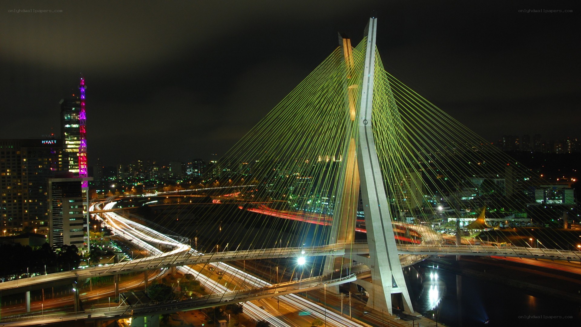 night view of a cable-stayed bridge