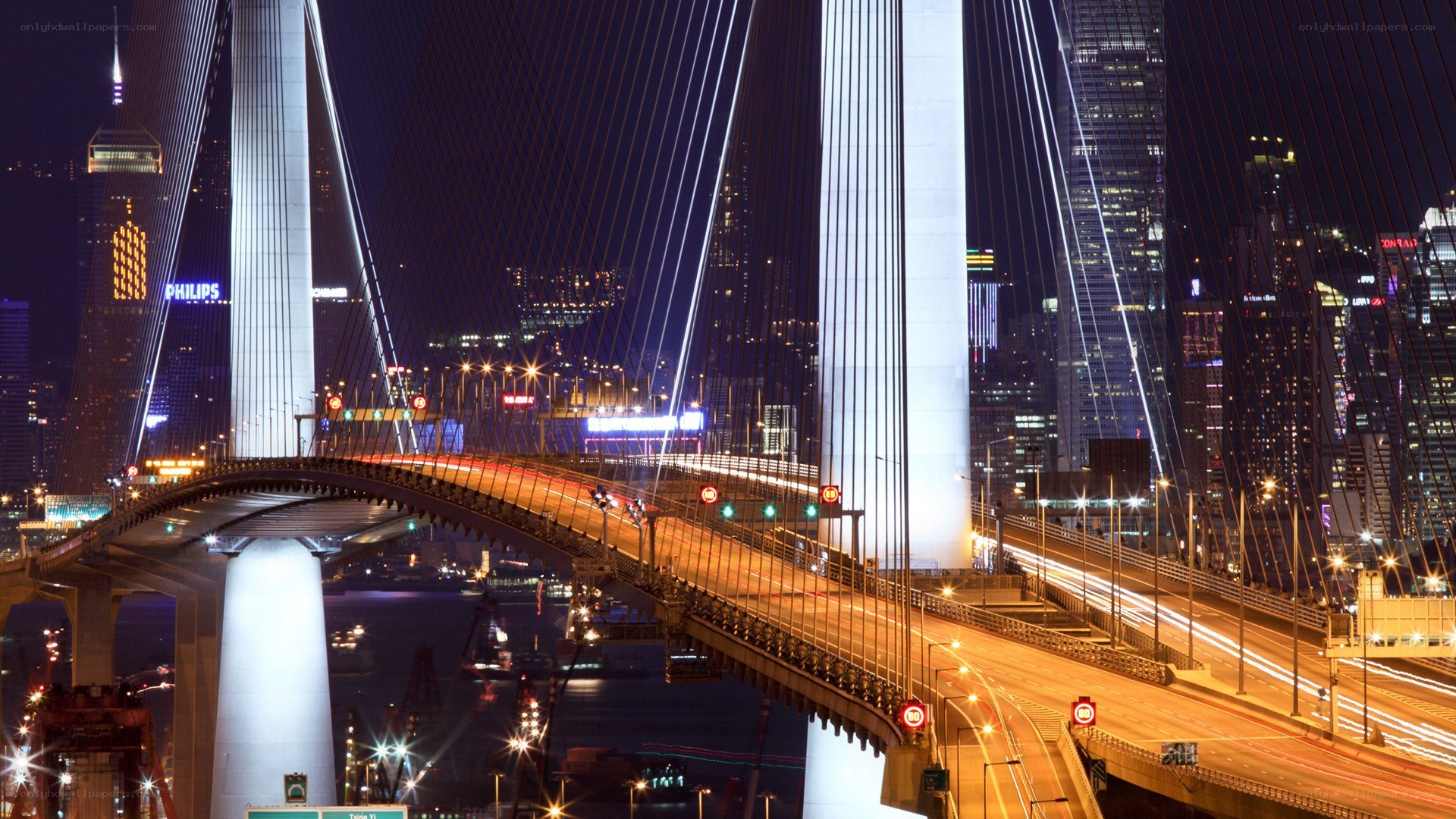 Night view of a cable-stayed bridge