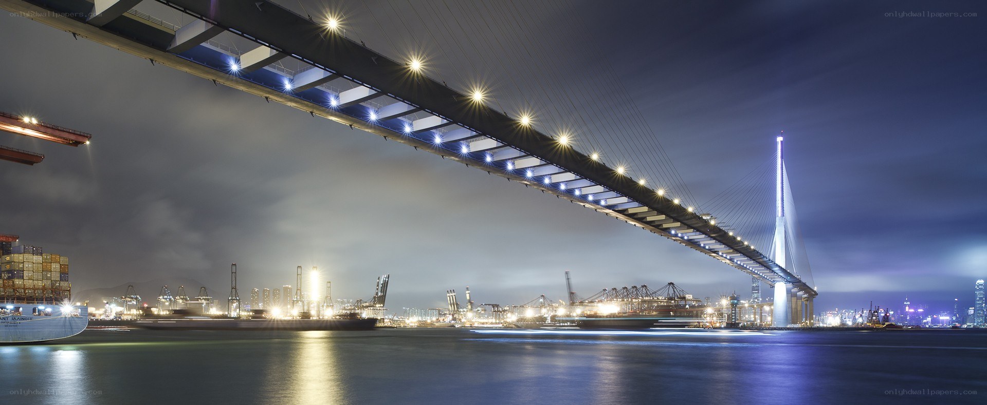 Night view of a cable-stayed bridge