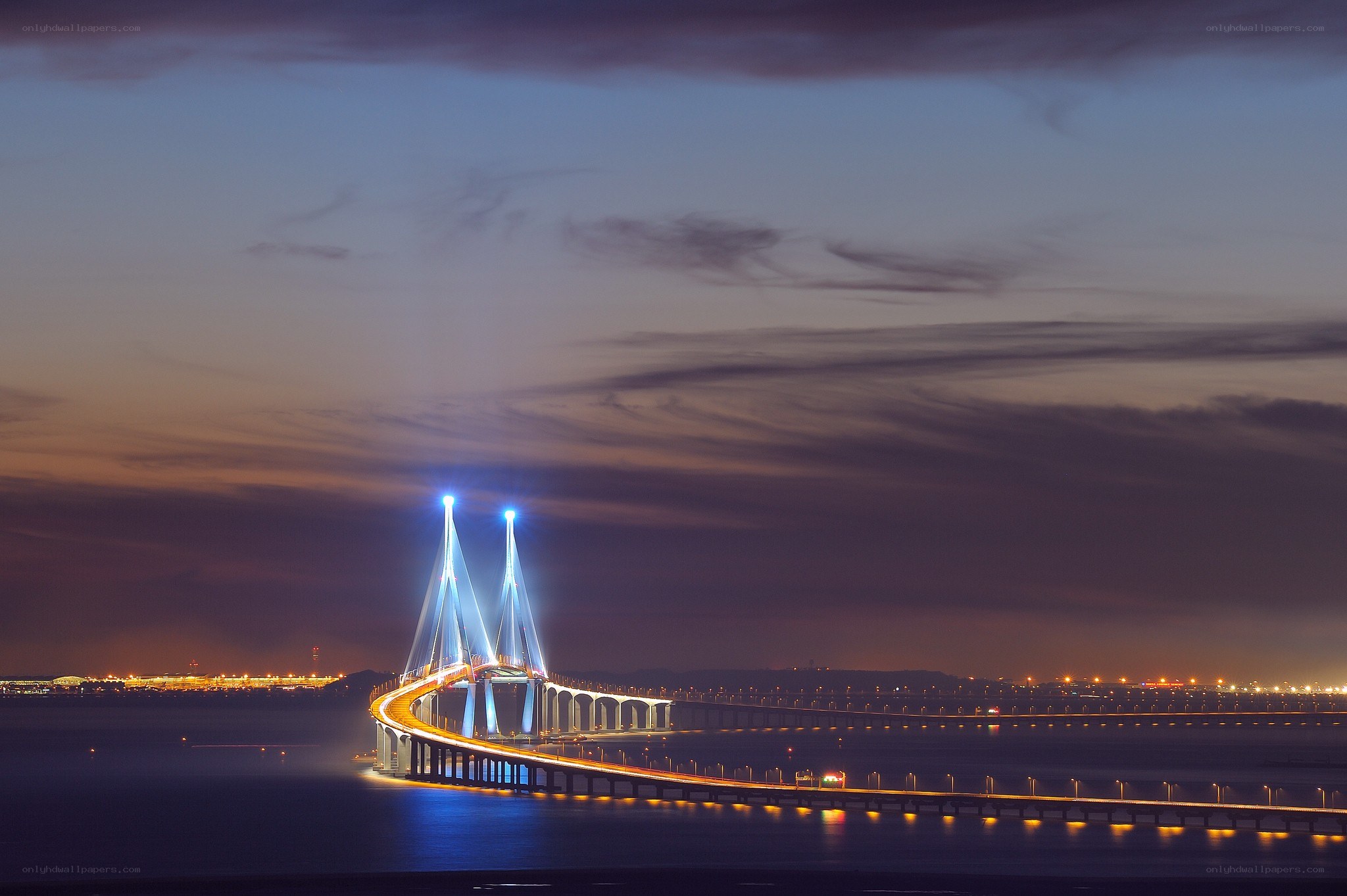 Night view of a cable-stayed bridge