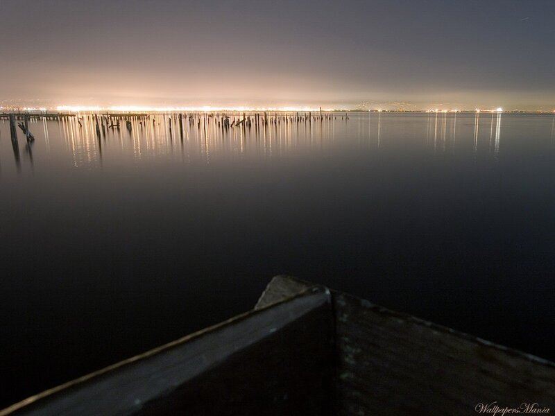 Night view of a calm harbor