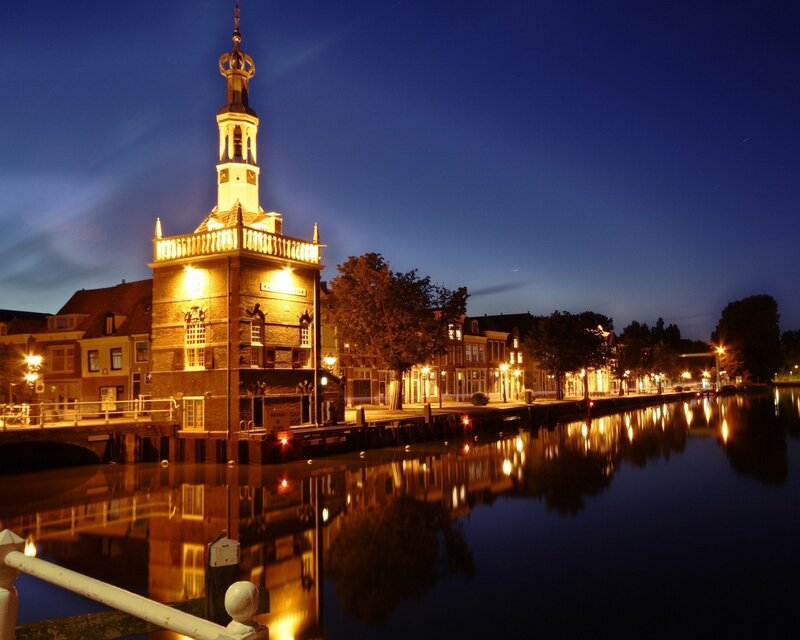 Night view of a canal town