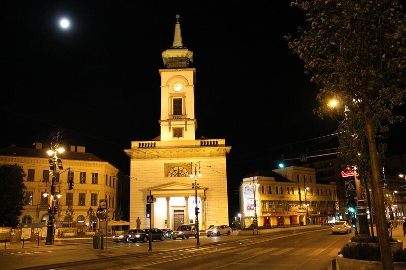 Night view of a church with moon