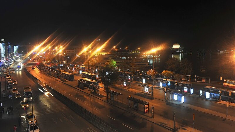 Night view of a city bus station