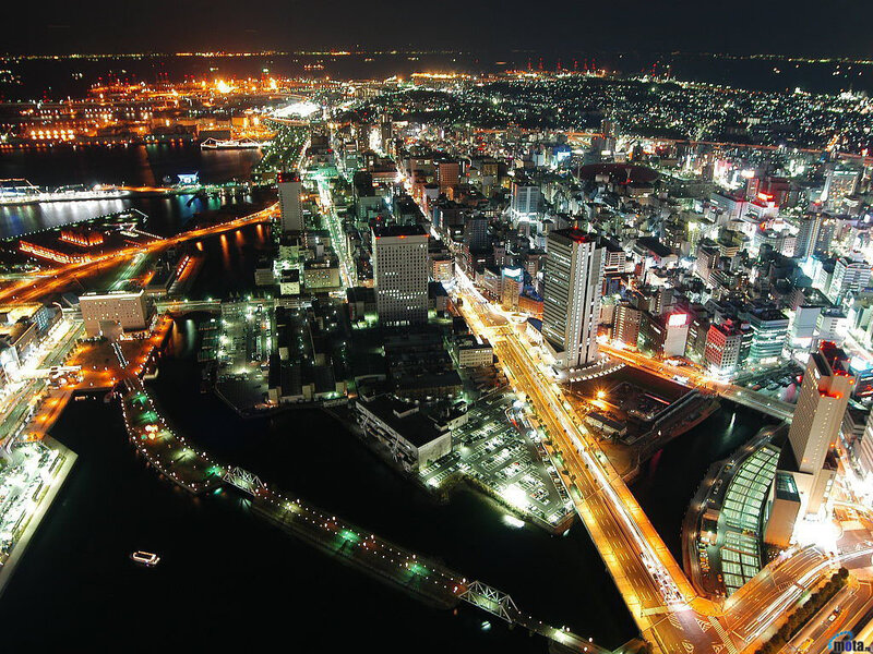 Night view of a city harbor
