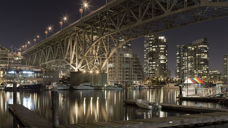 Night view of a city harbor