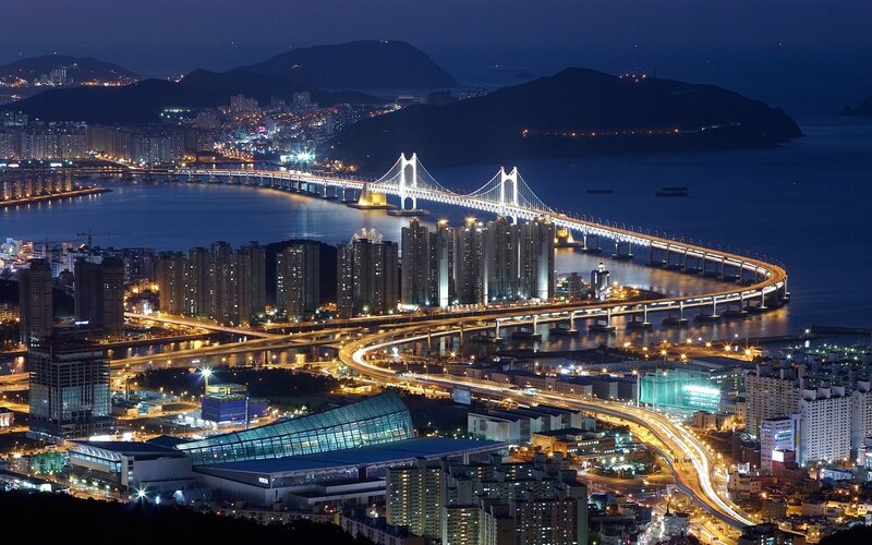 Night view of a city with bridges