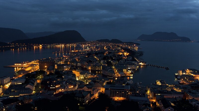 night view of a coastal town