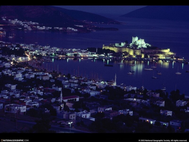 night view of a coastal town