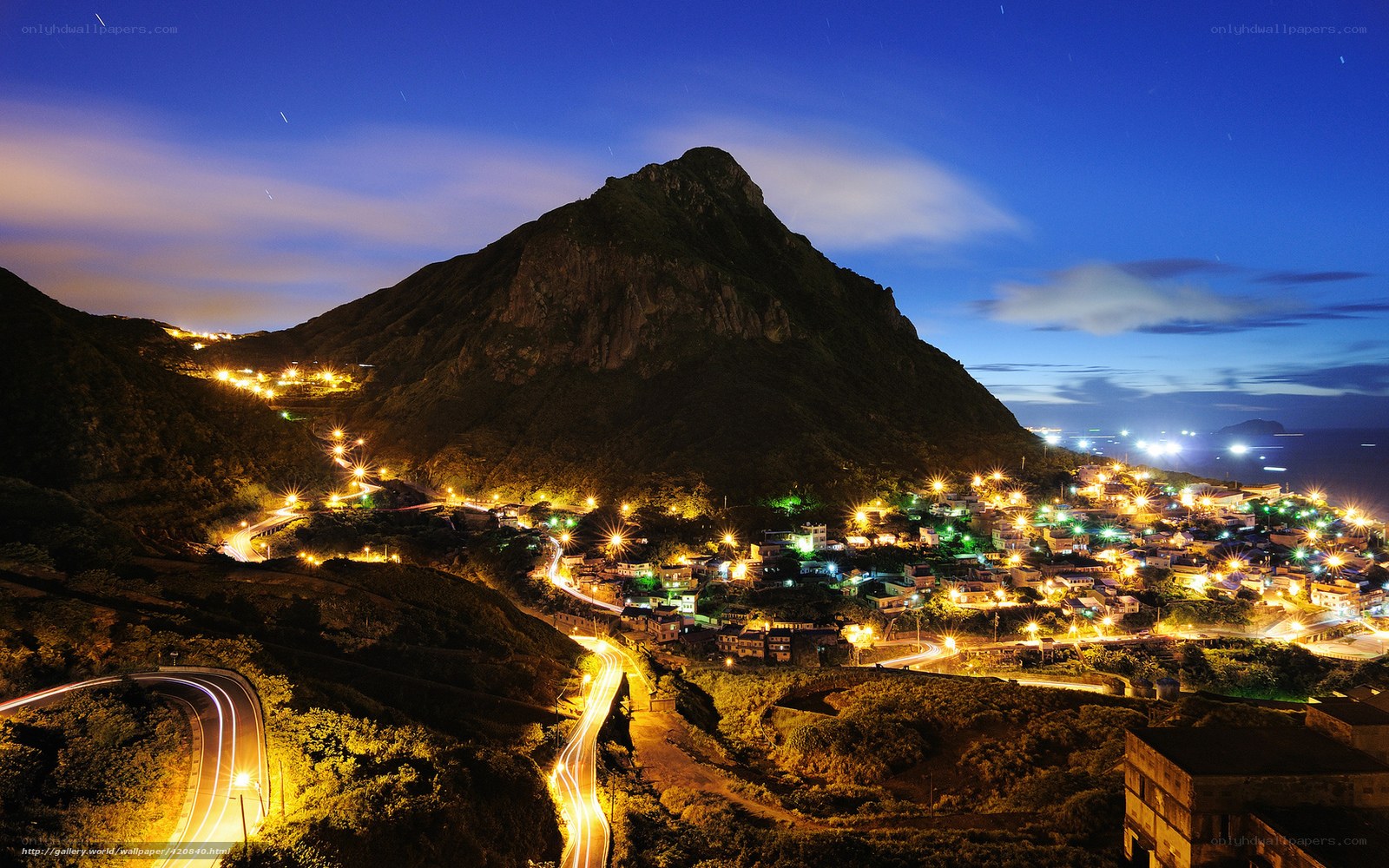 Night view of a coastal village