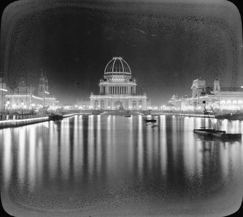 Night view of a domed building