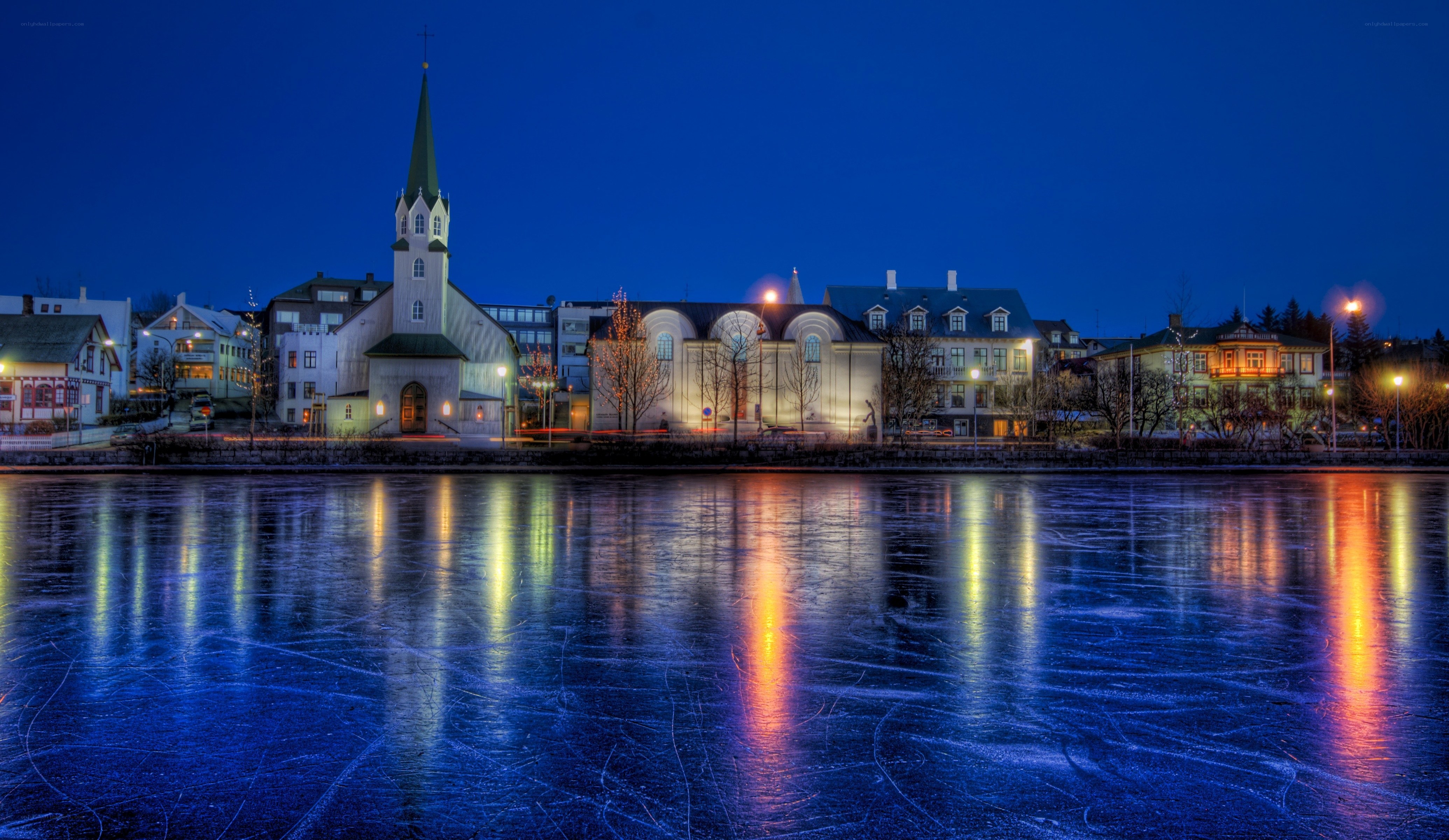 Night view of a frozen lake