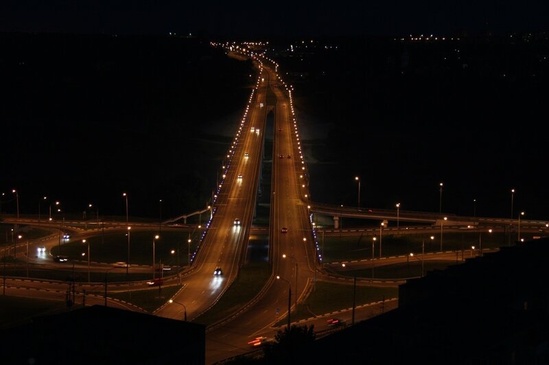 Night view of a highway bridge