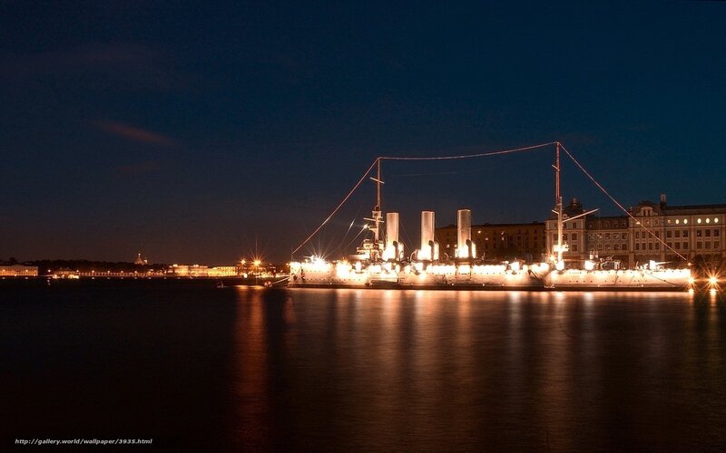 Night view of a historic battleship