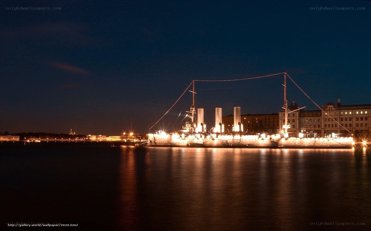 Night view of a historic battleship