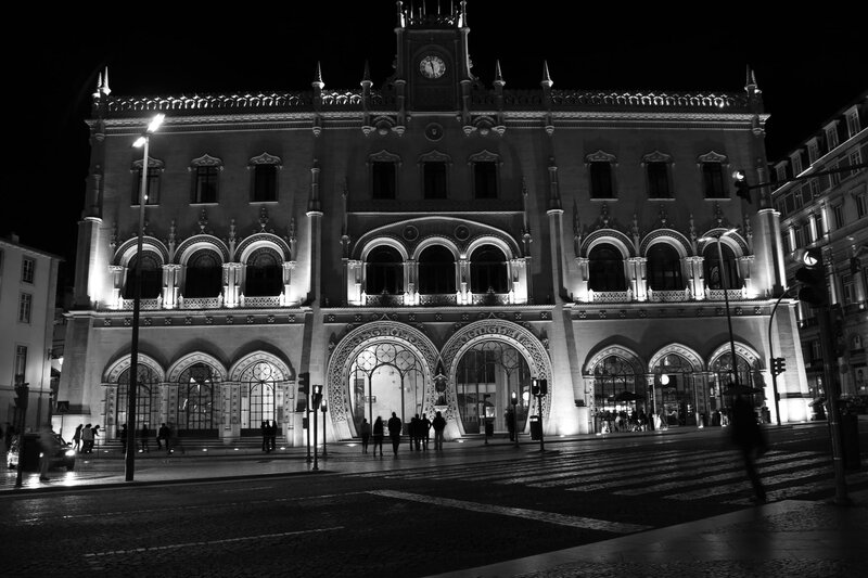 Night view of a historic building